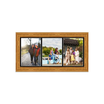 AK Frames 16X8 Oak Classic Multi Photo Frame With Black Mount - Holds 3 Apertures (3X) 7X5 Photos - image 1