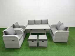 Fimous Pe Rattan Garden Furniture Set Reclining Chair Sofa Double Love Seat 2 Seater Sofa Lounge Set 2 Stools Light Grey - thumbnail 1