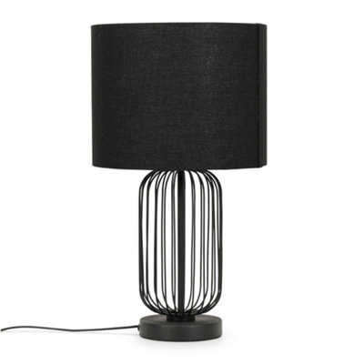 Valuelights Gabbia Black Wire Cage Metal Bedside Dimmer Touch Table Lamp With Fabric Drum Lampshade - image 1