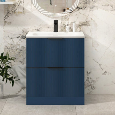 Royal Bathrooms Evora 700mm Midnight Blue Fluted Floor Standing Bathroom Vanity Unit 2 Drawer Cabinet With Stone Basin & Matt Black Handles - image 1