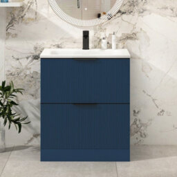 Royal Bathrooms Evora 700mm Midnight Blue Fluted Floor Standing Bathroom Vanity Unit 2 Drawer Cabinet With Stone Basin & Matt Black Handles
