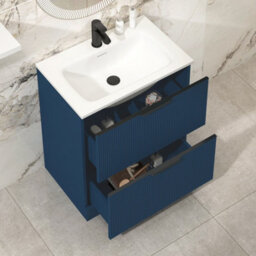 Royal Bathrooms Evora 700mm Midnight Blue Fluted Floor Standing Bathroom Vanity Unit 2 Drawer Cabinet With Stone Basin & Matt Black Handles - thumbnail 3