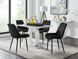 Furniturebox Giovani Rectangular 4 Seat White High Gloss Unique Halo Base Dining Table Grey Glass Top 4 Black Velvet Black Leg Pesaro Chairs - thumbnail 1