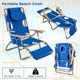 Gainoom 3-In-1 Foldable Navy Beach Chair Portable Reclining Lounger W/ Portable Reclining Lounger - thumbnail 2