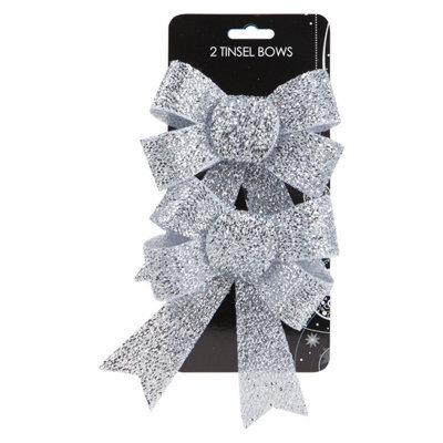 Tinsel Bows Christmas Decoration X 2 13Cm X 17Cm X 4. 5Cm Silver - image 1