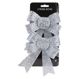 Tinsel Bows Christmas Decoration X 2 13Cm X 17Cm X 4. 5Cm Silver