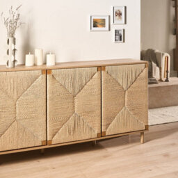 Wyld And Coco Brandique 3-Door Sideboard 150Cm Brown Particle Board With Paper Rope - thumbnail 2