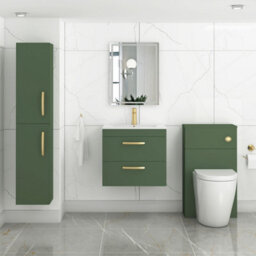 Royal Bathrooms Turin 600mm Wall Hung Vanity Unit Matt Green 2 Drawer Minimalist Basin With Brushed Brass Handles - thumbnail 4