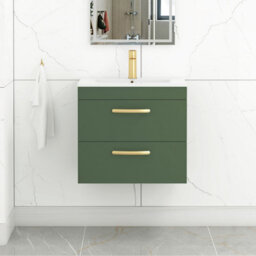 Royal Bathrooms Turin 600mm Wall Hung Vanity Unit Matt Green 2 Drawer Minimalist Basin With Brushed Brass Handles - thumbnail 1