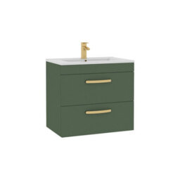 Royal Bathrooms Turin 600mm Wall Hung Vanity Unit Matt Green 2 Drawer Minimalist Basin With Brushed Brass Handles - thumbnail 6