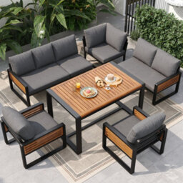Btm Outdoor Garden Sofa Set For 8 Solid Wood Lounge Set With Dining Table Adjustable Feet Full Cushions Grey - thumbnail 3