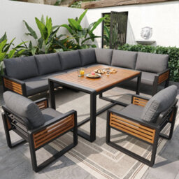 Btm Outdoor Garden Sofa Set For 8 Solid Wood Lounge Set With Dining Table Adjustable Feet Full Cushions Grey