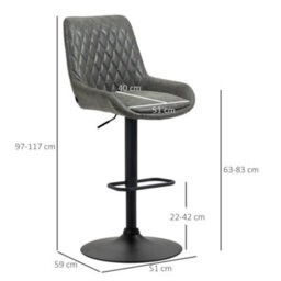 Homcom Pu Leather Padded Bar Stools Set Of 2 With Metal Base, Grey - thumbnail 3