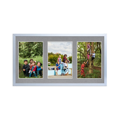 AK Frames 40X20Cm Silver Sleek Multi Photo Frame With Mid Grey Mount - Holds 3 Apertures (3X) 6X4 Photos - image 1