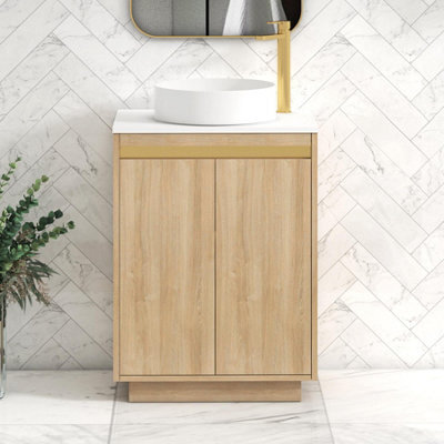 Royal Bathrooms Orion 600mm Natural Oak Floor Standing Plain White Countertop Vanity Unit 2 Door With Art Basin & Brushed Brass Accent Trim - image 1