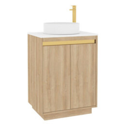 Royal Bathrooms Orion 600mm Natural Oak Floor Standing Plain White Countertop Vanity Unit 2 Door With Art Basin & Brushed Brass Accent Trim - thumbnail 6