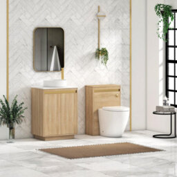 Royal Bathrooms Orion 600mm Natural Oak Floor Standing Plain White Countertop Vanity Unit 2 Door With Art Basin & Brushed Brass Accent Trim - thumbnail 3