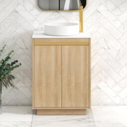 Royal Bathrooms Orion 600mm Natural Oak Floor Standing Plain White Countertop Vanity Unit 2 Door With Art Basin & Brushed Brass Accent Trim - thumbnail 2