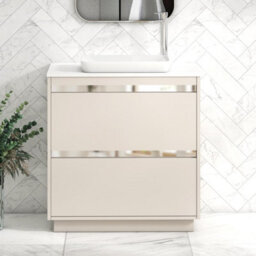 Royal Bathrooms Orion 800mm Warm Taupe Floor Standing Plain White Countertop Vanity Unit 2 Drawer With Qubix Basin & Chrome Accent Trim - thumbnail 2