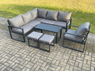 Fimous Aluminium Outdoor Garden Furniture Set Lounge Sofa Oblong Coffee Table Sets With Chair 2 Small Footstools Conservatory Set