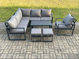 Fimous Aluminium Outdoor Garden Furniture Set Lounge Sofa Oblong Coffee Table Sets With Chair 2 Small Footstools Conservatory Set - thumbnail 2
