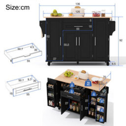Btm 129X46(71)X91Cm Kitchen Island On Wheels, Foldable Top, Adjustable Shelves, 2 Drawers - thumbnail 7