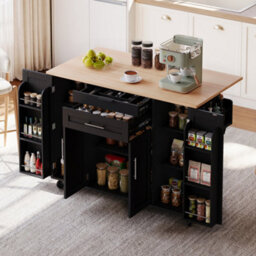 Btm 129X46(71)X91Cm Kitchen Island On Wheels, Foldable Top, Adjustable Shelves, 2 Drawers - thumbnail 1