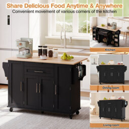 Btm 129X46(71)X91Cm Kitchen Island On Wheels, Foldable Top, Adjustable Shelves, 2 Drawers - thumbnail 2