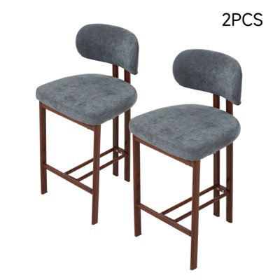 Living And Home Set Of 2 Grey Chenille Upholstered Bar Stools With Metal Legs & Footrest - image 1