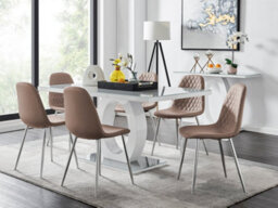 Furniturebox Giovani Rectangular 6 Seat White High Gloss Unique Halo Dining Table Grey Glass Top 6 Beige Faux Leather Silver Leg Corona Chairs
