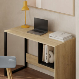 Decortie Model-4 110(W)Cm Computer Desk Oak, Black Wood Workstation Pc Work Table Office Gaming Desk Shelf With Black Metal Leg - thumbnail 3