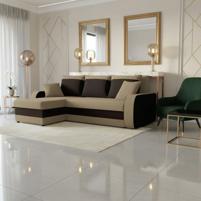 Kris M Corner Sofa Bed With Two Bedding Storage Compartments Polyurethane Foam Frame Plastic Legs 238X147X80Cm Beige And Brown - image 1