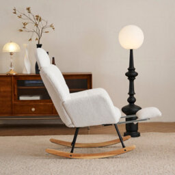 Abrihome Teddy Fabric Tufted Upholstered Rocking Chair Padded Seat With Headrest And Foldable Footrest For Living Room Bedroom,ivory White - thumbnail 4