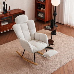 Abrihome Teddy Fabric Tufted Upholstered Rocking Chair Padded Seat With Headrest And Foldable Footrest For Living Room Bedroom,ivory White - thumbnail 6