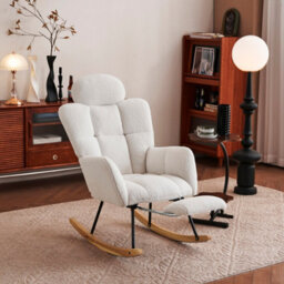 Abrihome Teddy Fabric Tufted Upholstered Rocking Chair Padded Seat With Headrest And Foldable Footrest For Living Room Bedroom,ivory White