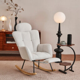 Abrihome Teddy Fabric Tufted Upholstered Rocking Chair Padded Seat With Headrest And Foldable Footrest For Living Room Bedroom,ivory White - thumbnail 2