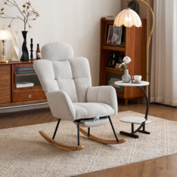 Abrihome Teddy Fabric Tufted Upholstered Rocking Chair Padded Seat With Headrest And Foldable Footrest For Living Room Bedroom,ivory White - thumbnail 3