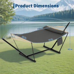 Hammock With Steel Stand, Wooden Spreader Bar, Detachable Pillow & Carry Bag, 450Lbs Capacity For Outdoor Patio Garden Beach - thumbnail 8