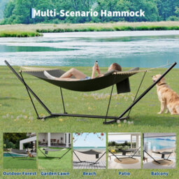 Hammock With Steel Stand, Wooden Spreader Bar, Detachable Pillow & Carry Bag, 450Lbs Capacity For Outdoor Patio Garden Beach - thumbnail 3