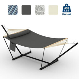 Hammock With Steel Stand, Wooden Spreader Bar, Detachable Pillow & Carry Bag, 450Lbs Capacity For Outdoor Patio Garden Beach - thumbnail 1