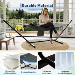 Hammock With Steel Stand, Wooden Spreader Bar, Detachable Pillow & Carry Bag, 450Lbs Capacity For Outdoor Patio Garden Beach - thumbnail 2