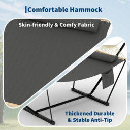 Hammock With Steel Stand, Wooden Spreader Bar, Detachable Pillow & Carry Bag, 450Lbs Capacity For Outdoor Patio Garden Beach - thumbnail 6