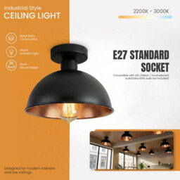 Industrial-Semi Flush Mount Vintage Ceiling Light Metal 21cm Dome Lampshade Pendant Light for Farmhouse Porch Kitcen - thumbnail 4