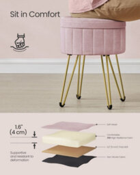 Songmics Velvet Dressing Stool, Round Storage Seat, 4 Metal Legs, Perfect For Bedroom, Living Room, Or Dressing Room, Jelly Pink - thumbnail 3