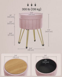 Songmics Velvet Dressing Stool, Round Storage Seat, 4 Metal Legs, Perfect For Bedroom, Living Room, Or Dressing Room, Jelly Pink - thumbnail 2