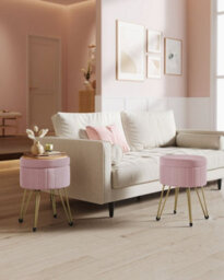 Songmics Velvet Dressing Stool, Round Storage Seat, 4 Metal Legs, Perfect For Bedroom, Living Room, Or Dressing Room, Jelly Pink - thumbnail 1