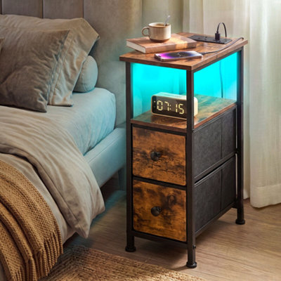 Levede Bedside Table Narrow Side Table With Led Charging Station Brown - image 1