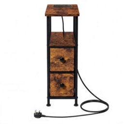 Levede Bedside Table Narrow Side Table With Led Charging Station Brown - thumbnail 3