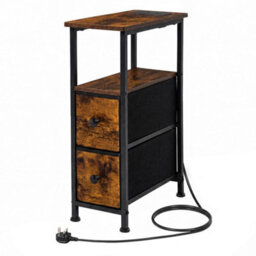 Levede Bedside Table Narrow Side Table With Led Charging Station Brown - thumbnail 2