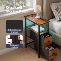 Levede Bedside Table Narrow Side Table With Led Charging Station Brown - thumbnail 7